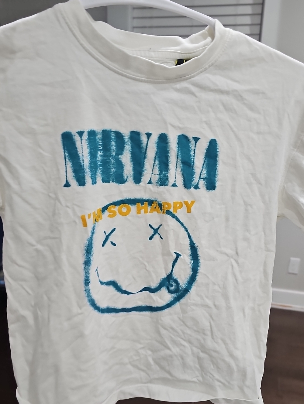 Zara White Kids Nirvana Teal & Yellow Graphic Tee